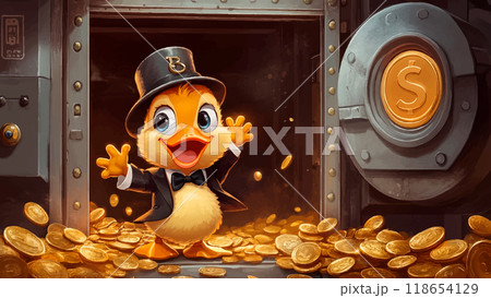 Cheerful Duckling In Tuxedo And Cylinder Hat Standing In Bank Vault Full Of Gold Coins Cartoon Illustration For Childrens Book Adorable Character Playful Kids Storybook Fun 118654129