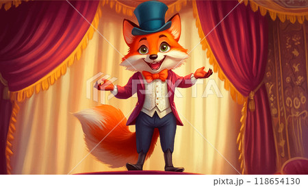 Cheerful Cunning Fox In Magicians Costume Standing On Stage Illustration For Childrens Book Adorable Colorful Outfit Playful Stage Setting Kids Storybook Magical Performance Scene 118654130