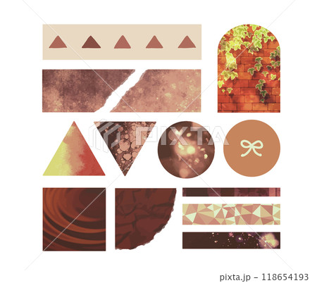 お洒落でかわいい紙のコラージュ素材　背景装飾イラストセット　紙片　マスキングテープ　茶色　セピア色 118654193