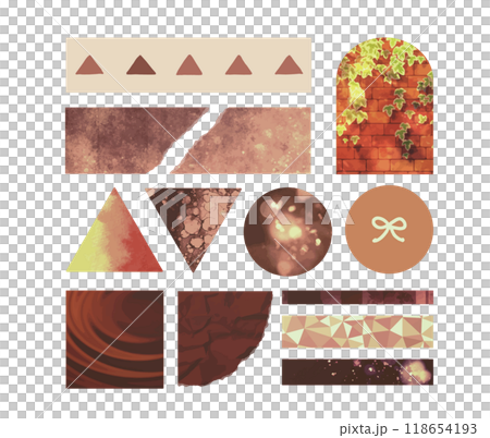 お洒落でかわいい紙のコラージュ素材　背景装飾イラストセット　紙片　マスキングテープ　茶色　セピア色 118654193