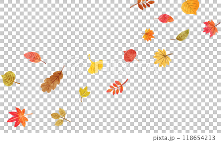 秋の葉が舞っているイラスト　手描き水彩風　横長 118654213