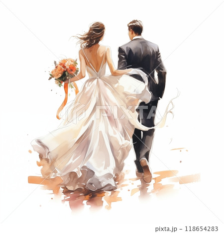 The bride and groom walk hand in hand on their...のイラスト素材 [118654283 ...