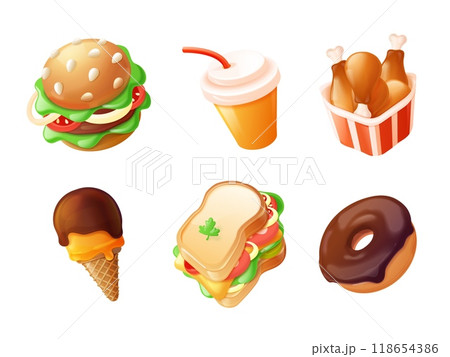 3d street food. Cartoon fastfood icons, unhealthy eating junk meal set sandwich chicken hamburger restaurant snack foods menu, realistic plastic render exact vector illustration 3d street food. Cartoon fastfood icons, unhealthy eating junk meal set sandwich chicken hamburger restaurant snack foods menu, realistic plastic render exact vector illustration 118654386