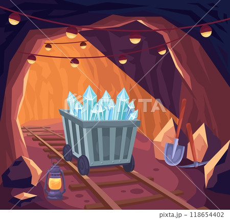 Underground mine interior. Mineral mining tunnel exploration inside, minecart wagon in old dark cave pit, gold coal production cartoon game background ingenious vector illustration 118654402