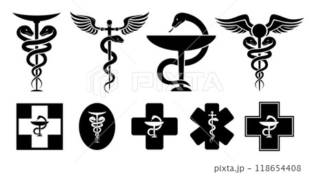 Medical snakes logo. Snake pharmacy doctor or medicine hospital symbols, serpent ambulance emblem asclepius caduceus aesculapius health chemist sign, ingenious vector illustration 118654408