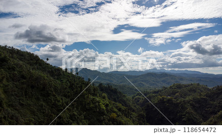tropical mountains covered with jungle and dense vegetation against the sky, view from above tropical mountains covered with jungle and dense vegetation against the sky, view from above 118654472