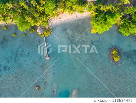 aerial view of tropical island with white sand, beach with crystal clear water and corals 118654473