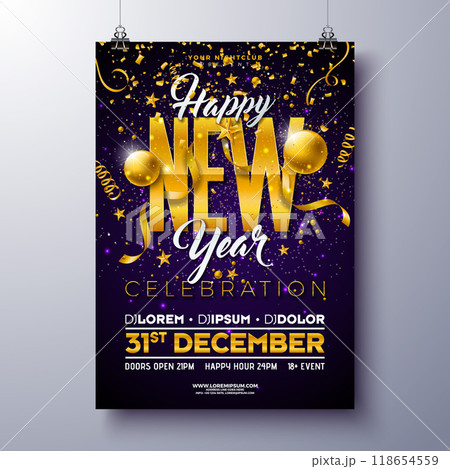 Happy New Year 2025 Party Celebration Poster Template Illustration with Golden Typography Lettering and Christmas Ball on Dark Violet Background. Vector New Year Eve Holiday Flyer Design. Premium Happy New Year 2025 Party Celebration Poster Template Illustration with Golden Typography Lettering and Christmas Ball on Dark Violet Background. Vector New Year Eve Holiday Flyer Design. Premium 118654559