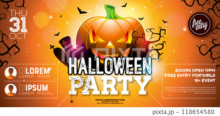 Halloween Party Banner Illustration with Scary Faced Pumpkins on Orange Cemetery Background. Vector Holiday Design Template with Flying Bats and Typography Lettering for Flyer, Party Invitation Halloween Party Banner Illustration with Scary Faced Pumpkins on Orange Cemetery Background. Vector Holiday Design Template with Flying Bats and Typography Lettering for Flyer, Party Invitation 118654580