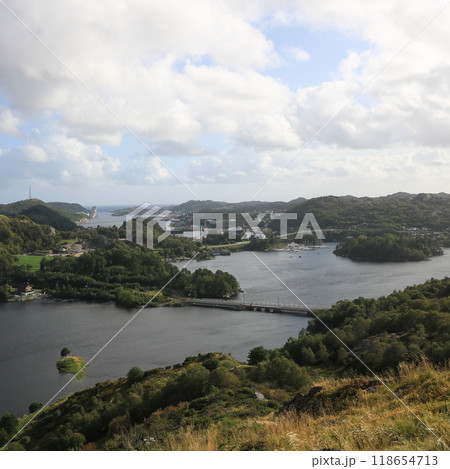 View of Egersund from Lauvnesfjell, Norway. 118654713