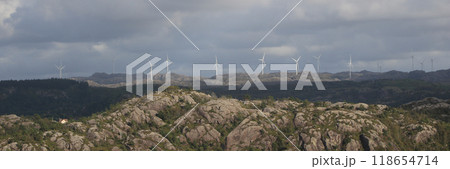 Anorthosite rock formations and windmills, Egersund, Norway. Anorthosite rock formations and windmills, Egersund, Norway. 118654714