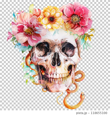 Skull Adorned with Vibrant Watercolor Flower Crown in Pink, Yellow, and Orange Tones with Delicate Golden Snakes Intertwined 118655100