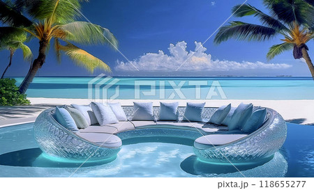 青い海と白砂の楽園、クリスタルラウンジチェアのある豪華なビーチリゾート 118655277