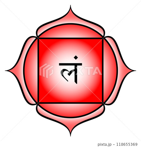 Muladhara, Root chakra, root of existence. First chakra, located at the base of the spine. Dormant Kundalini is resting here. Red lotus with 4 petals, square, and seed syllable Lam for tattva earth. Muladhara, Root chakra, root of existence. First chakra, located at the base of the spine. Dormant Kundalini is resting here. Red lotus with 4 petals, square, and seed syllable Lam for tattva earth. 118655369