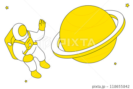 宇宙遊泳する宇宙飛行士と土星のかわいいシンプルな線画イラスト 118655842