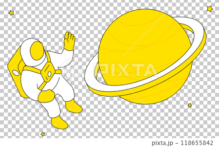 宇宙遊泳する宇宙飛行士と土星のかわいいシンプルな線画イラスト 118655842