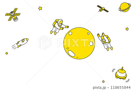 宇宙で月を調査する宇宙飛行士たちのかわいいシンプルな線画イラスト 118655844