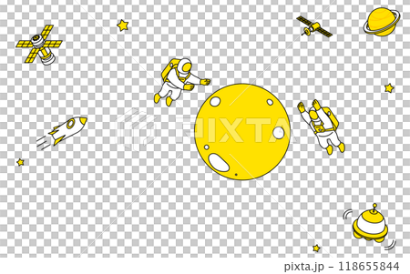 宇宙で月を調査する宇宙飛行士たちのかわいいシンプルな線画イラスト 118655844