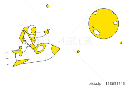 ロケットにまたがって月を指さす宇宙飛行士のかわいいシンプルな線画イラスト ロケットにまたがって月を指さす宇宙飛行士のかわいいシンプルな線画イラスト 118655846