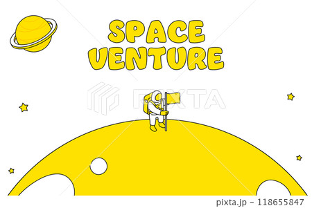 月面に旗をさす宇宙飛行士のかわいいシンプルな線画イラスト 118655847