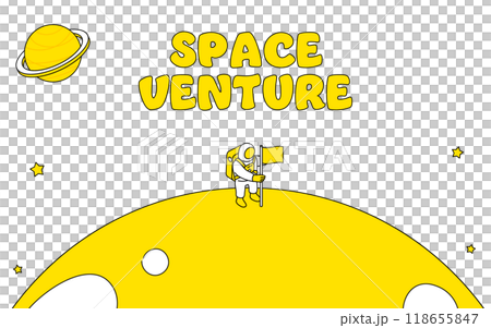 月面に旗をさす宇宙飛行士のかわいいシンプルな線画イラスト 118655847