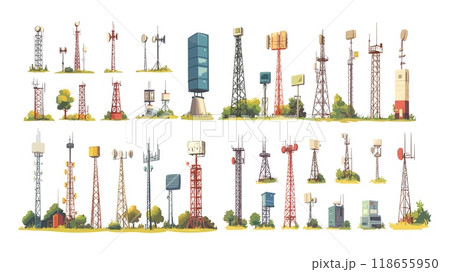 Cartoon wireless towers. 5g 4g lte antenna and transmitters constructions, telecommunication radio telephone internet communications, radar satellites equipment vector isolated illustration set 118655950