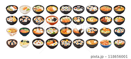 Cartoon ramen and sushi set. Wheat noodles in bowl eggs fish meat shrimps, nigiri sashimi rice japan snacks, asian traditional national street restaurant food, isolated illustrations 118656001
