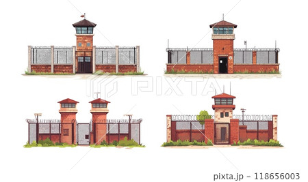Cartoon prison buildings. Red brick walls guarded camp with jails watchtowers, metal gate fence barbed wire grating, prisoners penitentiary convicts security architecture, isolated illustrations 118656003