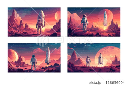 Cartoon planet surface with astronaut and spaceship. Cosmonaut back view spacesuit standing character astroneer research explorer, watching shuttle departure, rocky alien desert world vector artworks 118656004