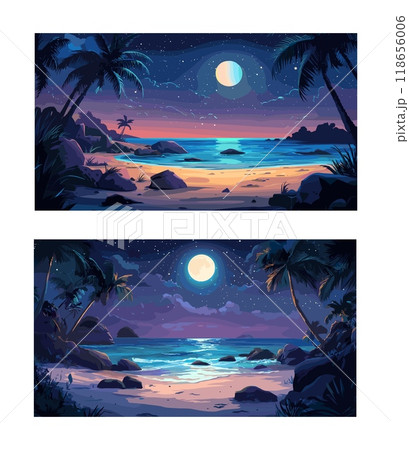 Cartoon night ocean beach. Palms rocks boulders sand sea coast, tropical twilight marine lagoon shore landscape, gulf under moonlight with clear sky exotic vacation place vector illustrations 118656006