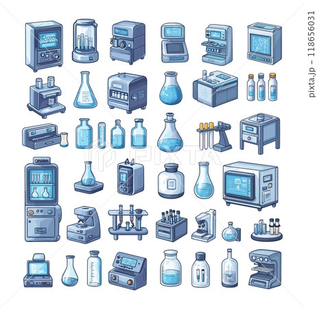 Cartoon laboratory equipment. Cryo camera digital screen devices glass flasks microscope low temperature refrigeration research science technical objects, isolated vector set on white background 118656031