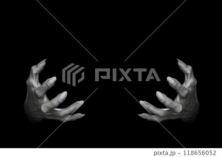 Bony pale male hands of vampire or dead with long fingers and sharp nails, isolated on black. Monster try to hold something, low key, selected focus. Bony pale male hands of vampire or dead with long fingers and sharp nails, isolated on black. Monster try to hold something, low key, selected focus. 118656052