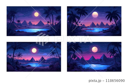 Cartoon egyptian night oasis. Desert landscape with palms lake pyramids on horizon under moonlight, african water source pond sanctuary in twilight sands, vector illustrations Cartoon egyptian night oasis. Desert landscape with palms lake pyramids on horizon under moonlight, african water source pond sanctuary in twilight sands, vector illustrations 118656090