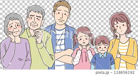 3 generations 6 people family_troubled face_upper body 3 generations 6 people family_troubled face_upper body 118656192