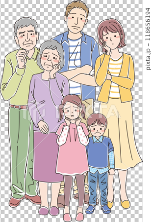 3世代6人家族_困った顔_全身 3世代6人家族_困った顔_全身 118656194