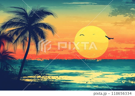 Abstract summer background with palm trees, sunset and beach. Generative AI. 118656334