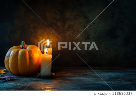 Halloween pumpkin and candles in a dark. Generative AI. 118656337