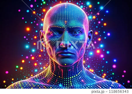 Digital human head made from dots in neon. Generative AI. 118656343