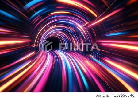 Radial motion blur. Glowing neon trails. Generative AI. Radial motion blur. Glowing neon trails. Generative AI. 118656346