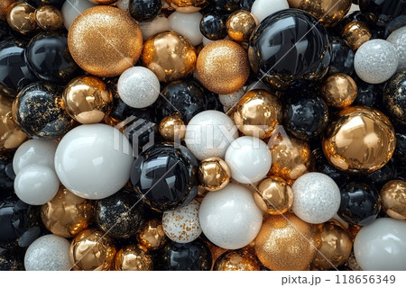 Cluster spheres and solids, gold, white and black. Generative AI. 118656349