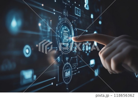 Businessman touching project management icon on virtual screen. 118656362