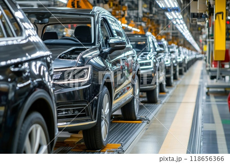Mass production assembly line of modern cars in a factory. 118656366