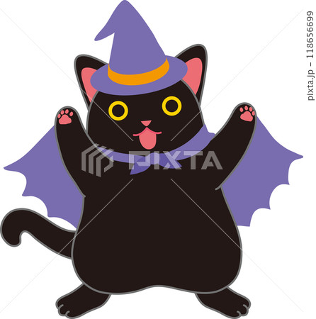 ハロウイーン_ハロウイン仮装して踊る黒猫_両手挙げ ハロウイーン_ハロウイン仮装して踊る黒猫_両手挙げ 118656699