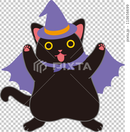 ハロウイーン_ハロウイン仮装して踊る黒猫_両手挙げ ハロウイーン_ハロウイン仮装して踊る黒猫_両手挙げ 118656699