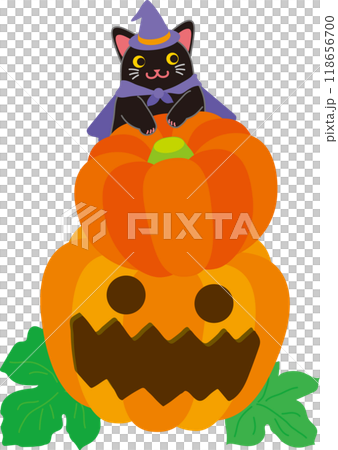 ハロウイーン_黒猫とカボチャ_南瓜二段重ね抱っこ黒猫 118656700