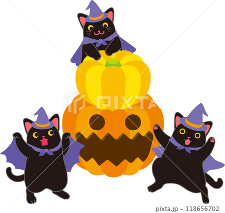 ハロウイーン_黒猫とカボチャ_踊る黒猫3匹とお化けカボチャ ハロウイーン_黒猫とカボチャ_踊る黒猫3匹とお化けカボチャ 118656702