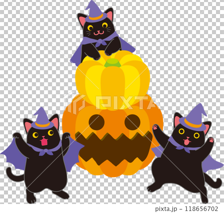 ハロウイーン_黒猫とカボチャ_踊る黒猫3匹とお化けカボチャ ハロウイーン_黒猫とカボチャ_踊る黒猫3匹とお化けカボチャ 118656702