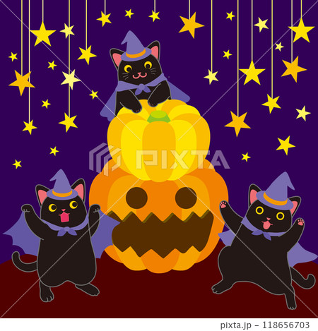 ハロウイーン_黒猫とカボチャ_踊る黒猫3匹とジャックオーランタン_背景色あり 118656703