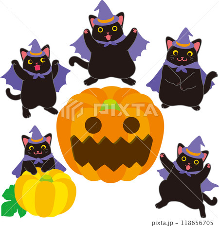 ハロウイーン_黒猫とカボチャ_踊る黒猫5匹とジャックオーランタンの