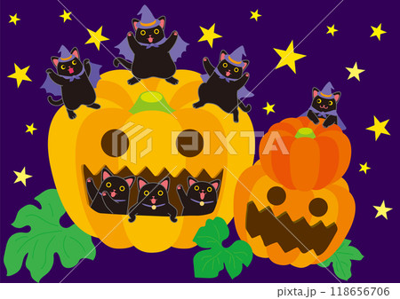 ハロウイーン_黒猫とカボチャ_踊る黒猫三匹_南瓜の窓から覗く黒猫三匹_南瓜抱っこ黒猫_背景色あり 118656706